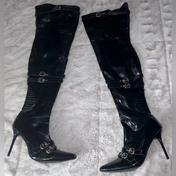 Goth Shiny Black Over the Knee Stiletto Boots - Picture 2 of 9